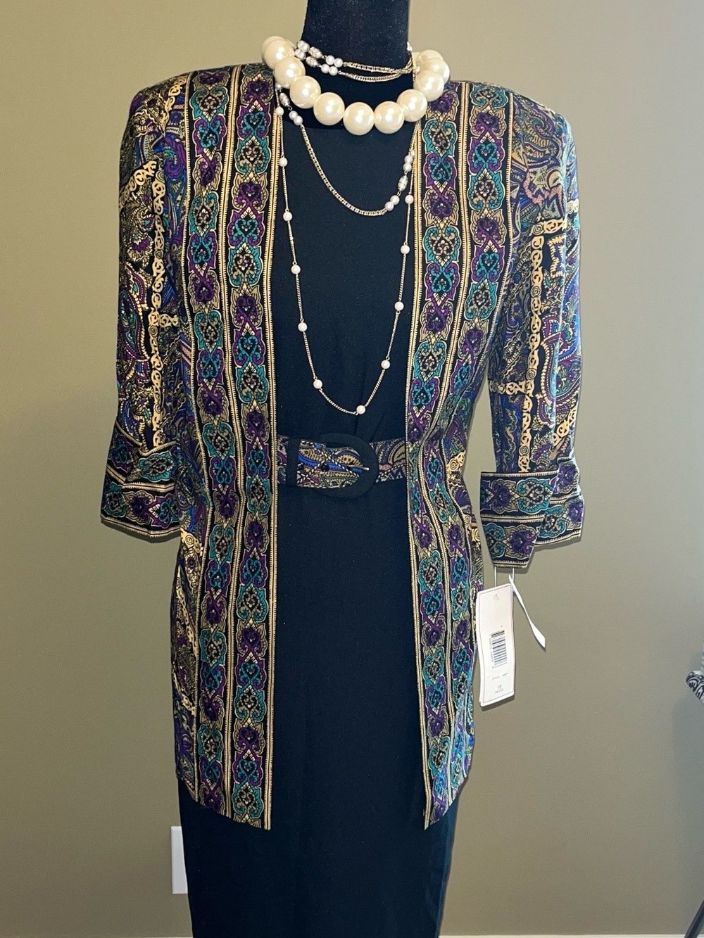 Black Dress with Multicolor Brocade Jacket and Belt